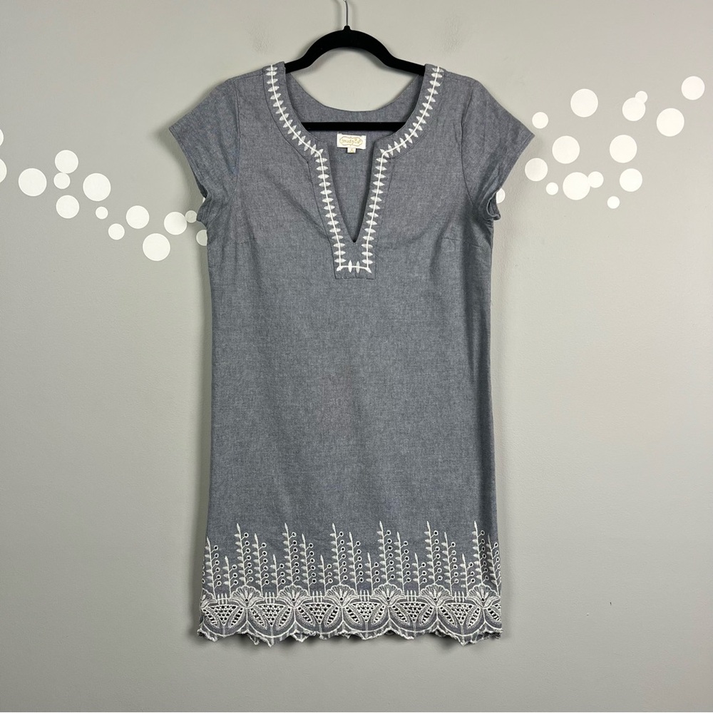 Mud Pie Isle Chambray Eyelet Embroidered Shift Dress Blue Cotton S